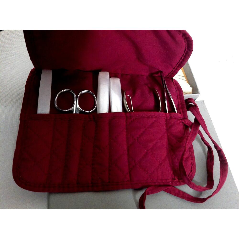 Horizon 6-Piece Manicure Grooming Set Quilted Red Case And Grey Storage Box